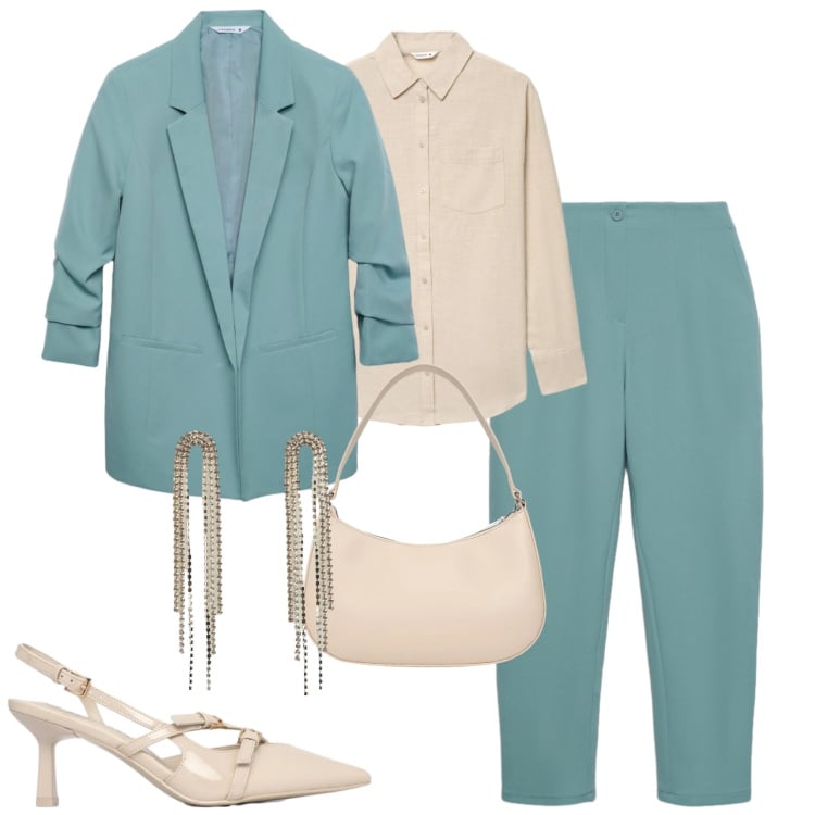 Outfit donna - City. Stile Urban per Tutti i giorni. Abbinamento con décolleté, blazer, pantaloni chino, borse a tracolla, camicie, orecchini.