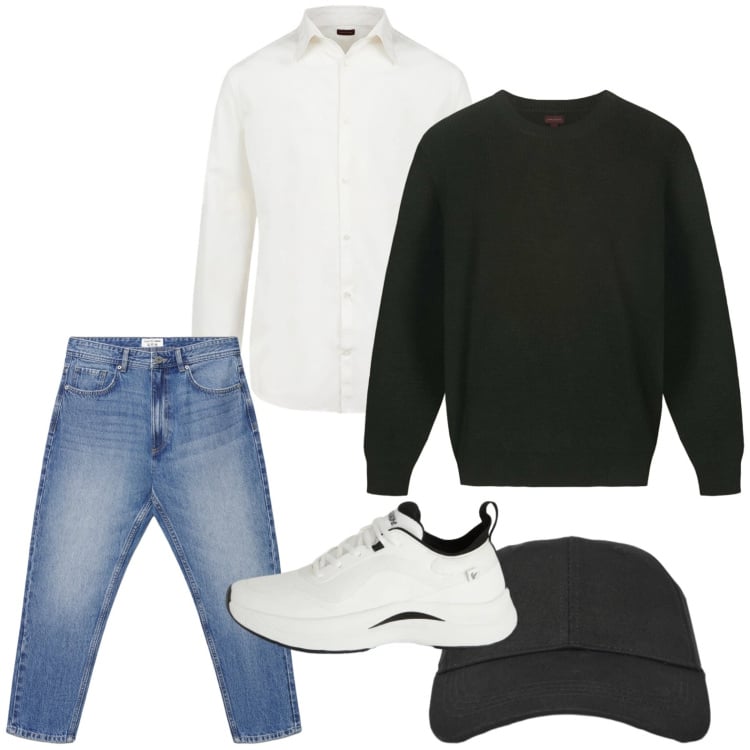 Outfit uomo - Aperitivo casual. Stile Casual per Tutti i giorni. Abbinamento con sneakers, maglieria, camicie, jeans, cappelli con visiera.