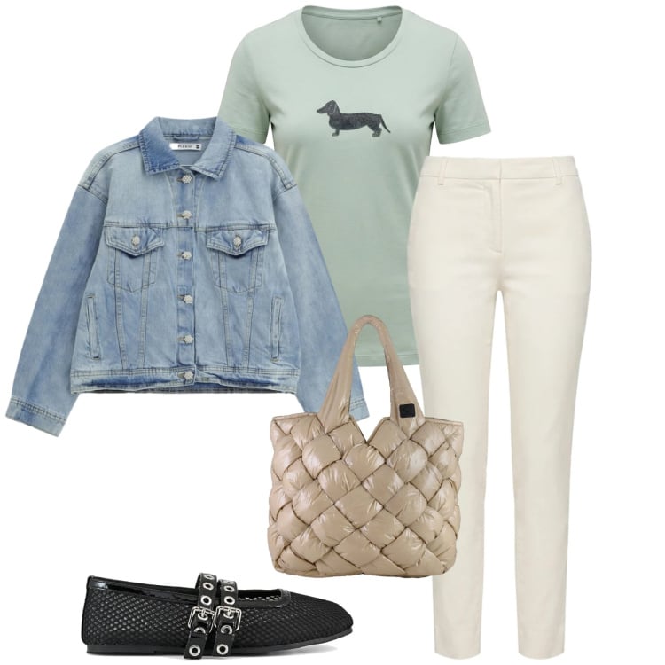 Outfit donna - Total look #2369314. Stile Casual per Tutti i giorni. Abbinamento con pantaloni, t-shirt, blazer, borse tote, ballerine.