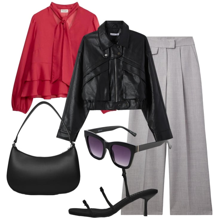 Outfit donna - Biker jacket. Stile Urban per Tutti i giorni. Abbinamento con camicie, occhiali da sole, pantaloni, borse a tracolla, sandali col tacco, giacche.