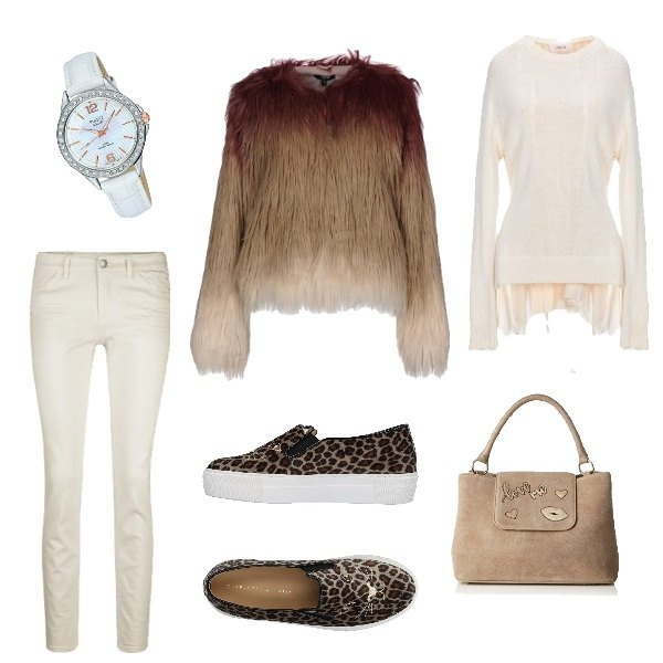 Outfit donna - Basic #2216. Stile Basic per Tutti i giorni. Abbinamento con sneakers tennis, pullover senza tasche lavorato a maglia collo tondo a maniche lunghe con laccetti in cotone con pieghe, ecopelliccia, borsa a spalla beige e grigio, jeans skinny beige, orologio analogico argento.