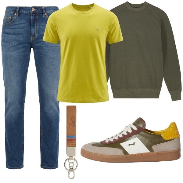 Outfit uomo - Primavera Smart Casual. Stile Casual per Tutti i giorni. Abbinamento con portachiavi, sneakers, jeans, t-shirt, maglieria.