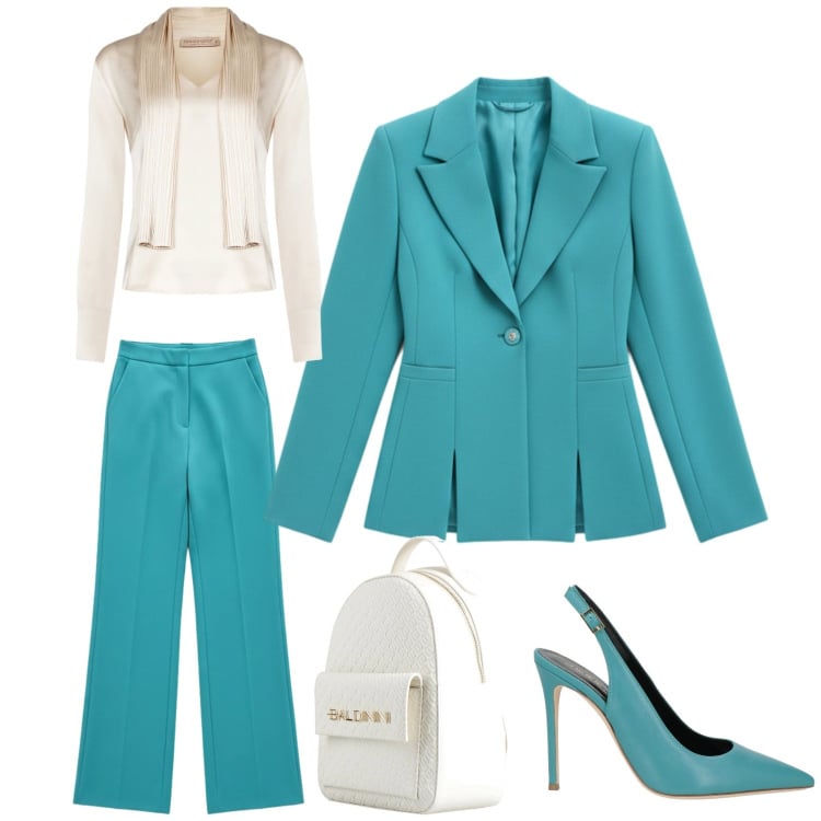 Outfit donna - Turchese. Stile Casual chic per Cerimonia. Abbinamento con zaini, décolleté, blazer, bluse, pantaloni a palazzo.