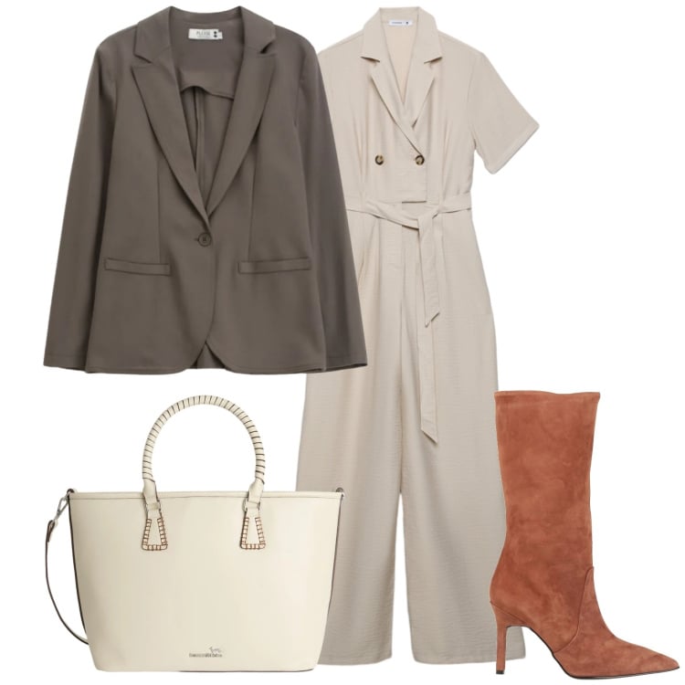 Outfit donna - Neutral tones. Stile Chic per Tutti i giorni. Abbinamento con stivali, shopping bag, tute, blazer.