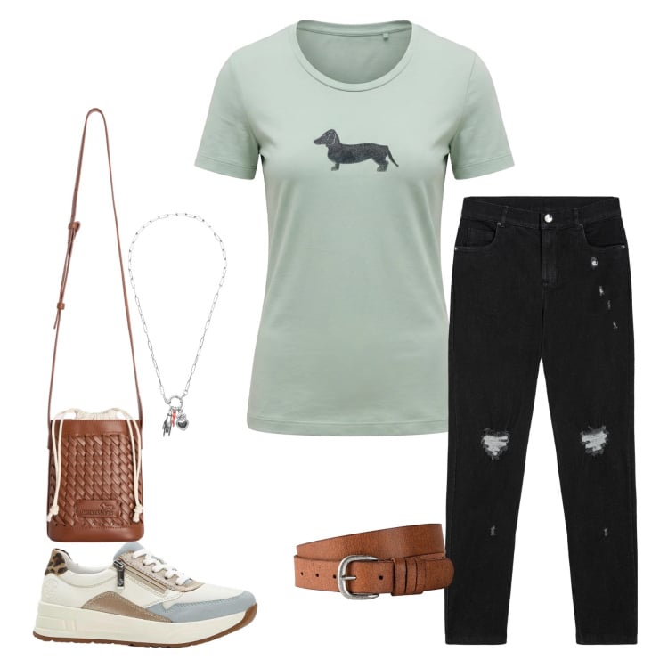 Outfit donna - Casual con Personalità. Stile Casual chic per Tutti i giorni. Abbinamento con cinture, sneakers, t-shirt, borse a secchiello, jeans skinny, ciondoli.