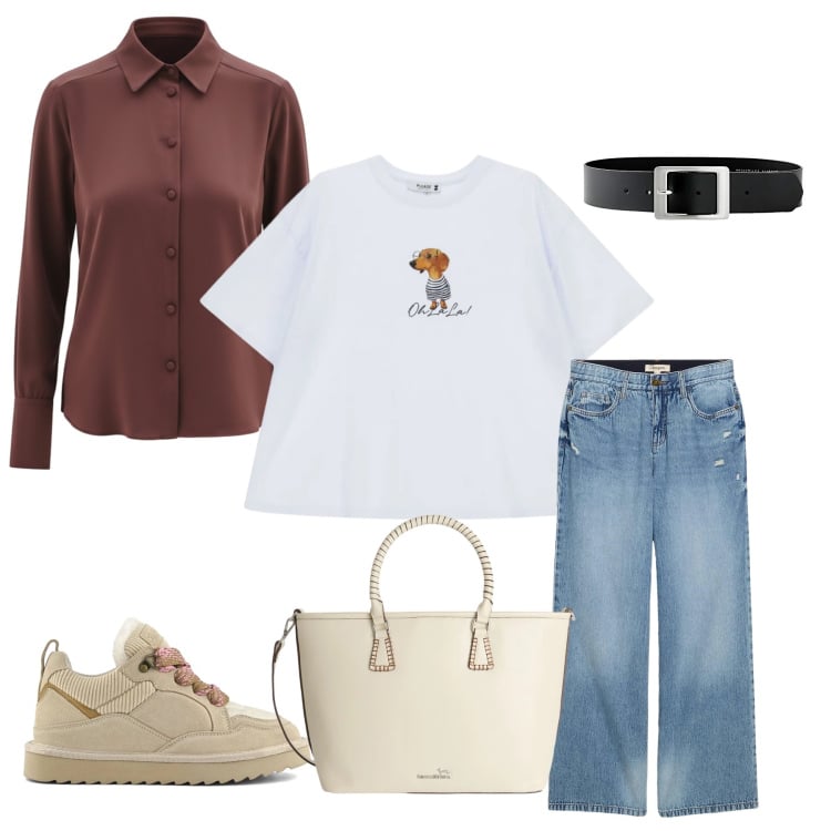 Outfit donna - Casual con un Tocco di Ironia. Stile Casual chic per Tutti i giorni. Abbinamento con jeans, cinture, shopping bag, t-shirt, camicie, sneakers alte.
