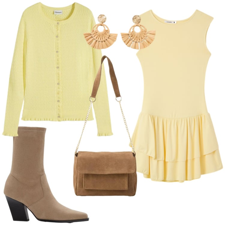 Outfit donna - Giallo primavera. Stile Trendy per Serata fuori. Abbinamento con orecchini, cardigans, stivaletti, borse a tracolla, vestiti corti.