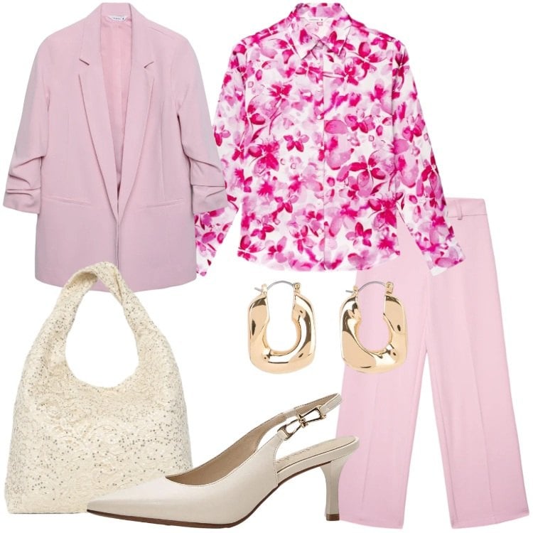 Outfit donna - Stile romantico primaverile. Stile Romantica per Serata fuori. Abbinamento con décolleté, orecchini, camicie, borse a spalla, pantaloni, blazer.
