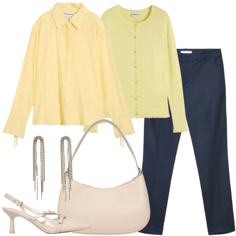 Outfit donna - Total look #2369336. Stile Casual chic per Ufficio. Abbinamento con cardigans, camicie, décolleté, borse a tracolla, pantaloni skinny, orecchini.