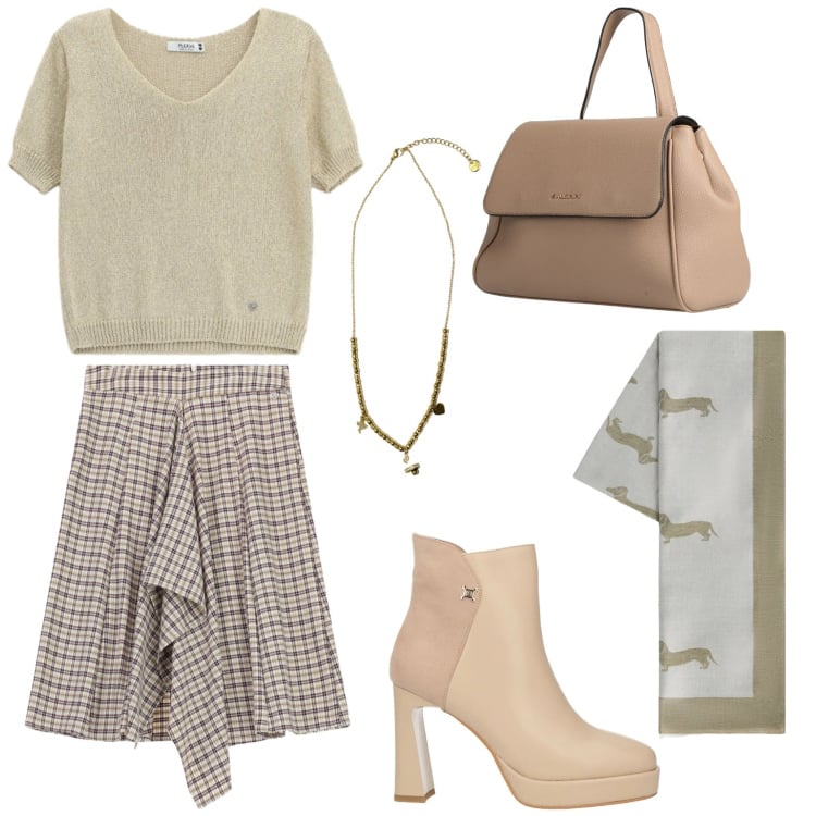 Outfit donna - A pranzo al bistrot. per Tutti i giorni. Abbinamento con stivaletti, zaini, sciarpe, maglieria, gonne longuette, ciondoli.