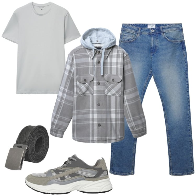Outfit uomo - Filippo: giornata grigia. Stile Urban per Tutti i giorni. Abbinamento con sneakers, cinture, jeans dritti, cappotti, t-shirt.
