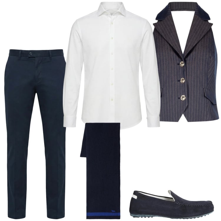 Outfit uomo - Elegante. Stile Business/Elegante per Serata speciale. Abbinamento con scarpe stringate, pantaloni chino, camicie, sciarpe, gilet.
