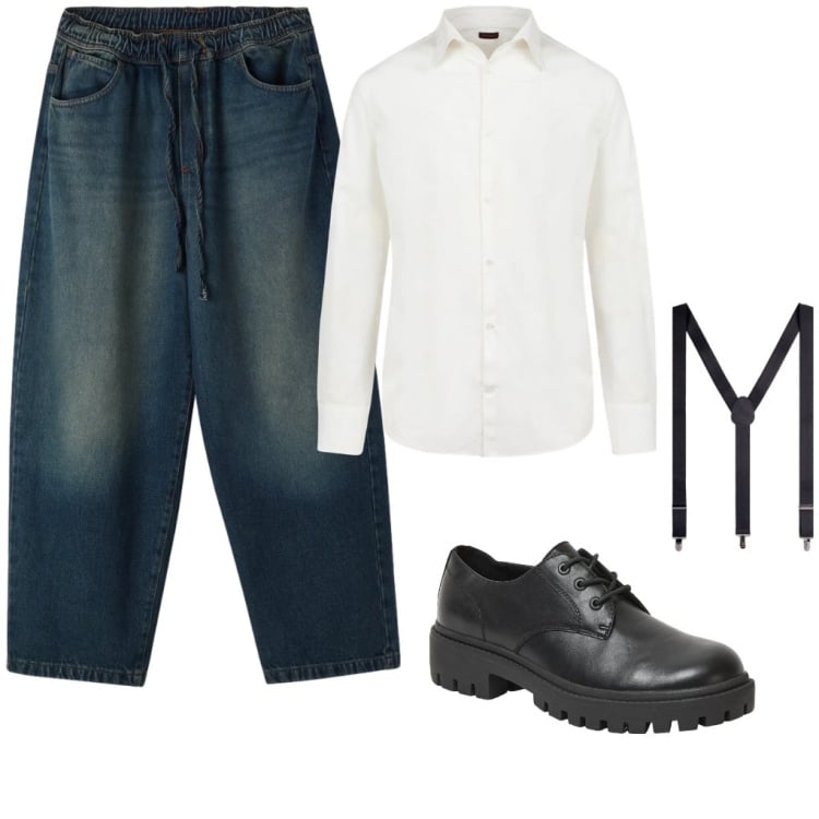 Outfit uomo - Vincenzo: essenziale. Stile Trendy per Tutti i giorni. Abbinamento con scarpe stringate, camicie, bretelle, jeans.