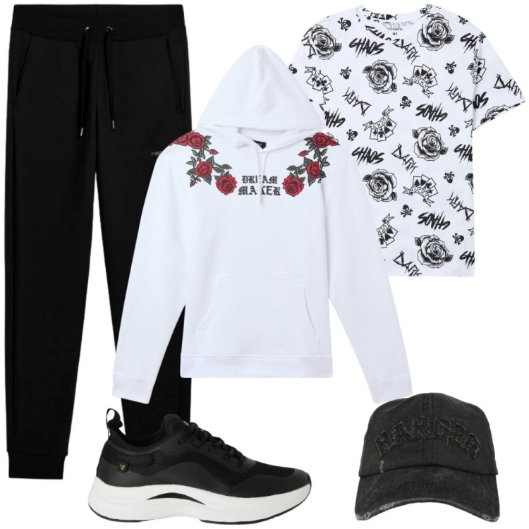 Outfit uomo - Roger: Red Roses. Stile Urban per Tutti i giorni. Abbinamento con sneakers, pantaloni cargo, t-shirt, felpe con cappuccio, cappelli con visiera.