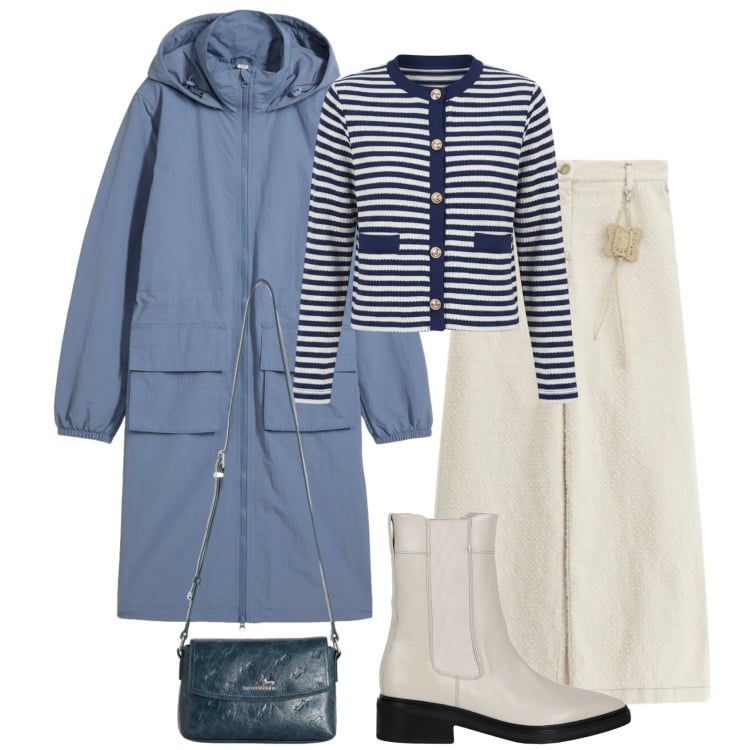 Outfit donna - Se piove. Stile Urban per Tutti i giorni. Abbinamento con stivaletti chelsea, parka, borse a tracolla, pantaloni a palazzo, cardigans.