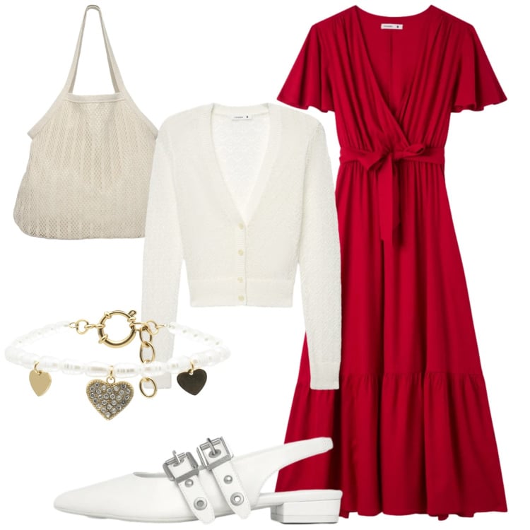 Outfit donna - Terranova in primavera. Stile Romantica per Tutti i giorni. Abbinamento con braccialetti, shopping bag, cardigans, ballerine, vestiti lunghi.