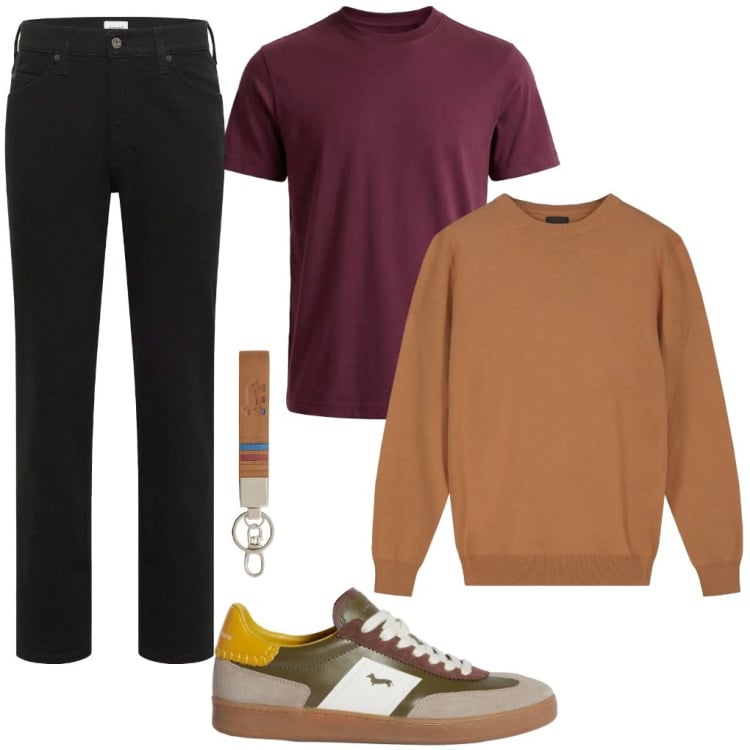 Outfit uomo - Beniamino: colori caldi. Stile Urban per Tutti i giorni. Abbinamento con jeans dritti, portachiavi, sneakers, t-shirt, maglieria.