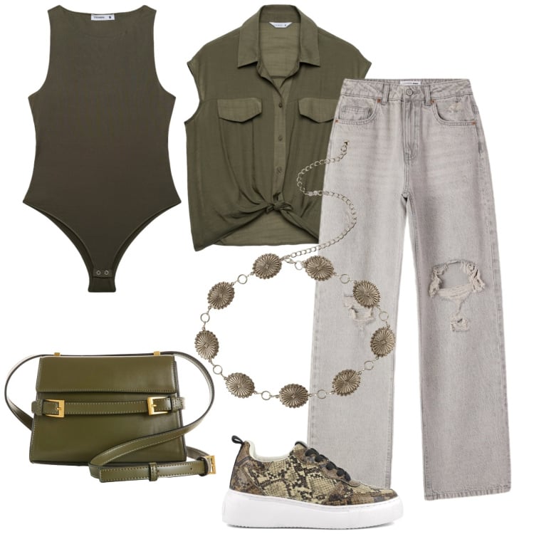 Outfit donna - Verde intenso. Stile Urban per Tutti i giorni. Abbinamento con borse a tracolla, top, jeans strappati, cinture, camicie a manica corta, sneakers.