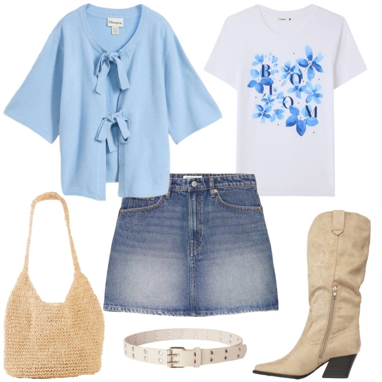 Outfit donna - Benvenuta primavera. Stile Casual per Tutti i giorni. Abbinamento con shopping bag, cardigans, minigonne, t-shirt, cinture, stivali.