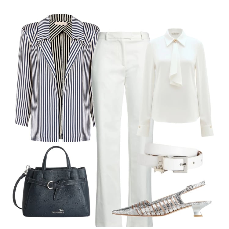 Outfit donna - Romantica in stile marinaro. Stile Chic per Tutti i giorni. Abbinamento con décolleté, pantaloni, borse a mano, cinture, blazer, camicie.