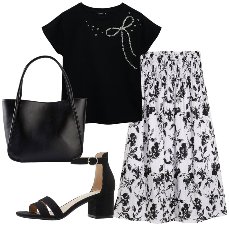 Outfit donna - Total look #2369368. Stile Bon Ton per Ufficio. Abbinamento con shopping bag, gonne longuette, sandali col tacco, t-shirt.