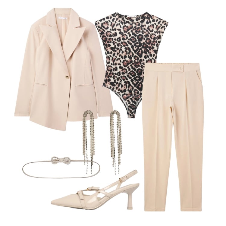 Outfit donna - Marzo. Stile Glamour per Cerimonia. Abbinamento con blazer, pantaloni chino, décolleté, top, cinture, orecchini.
