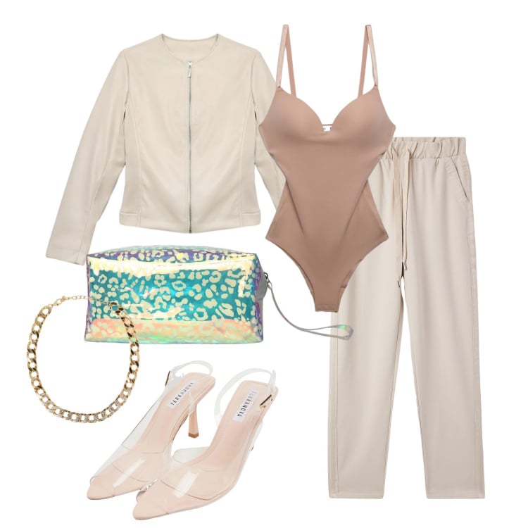 Outfit donna - Marzo. Stile Glamour per Tutti i giorni. Abbinamento con pantaloni, body, pochette, giacche, sandali col tacco, collane.