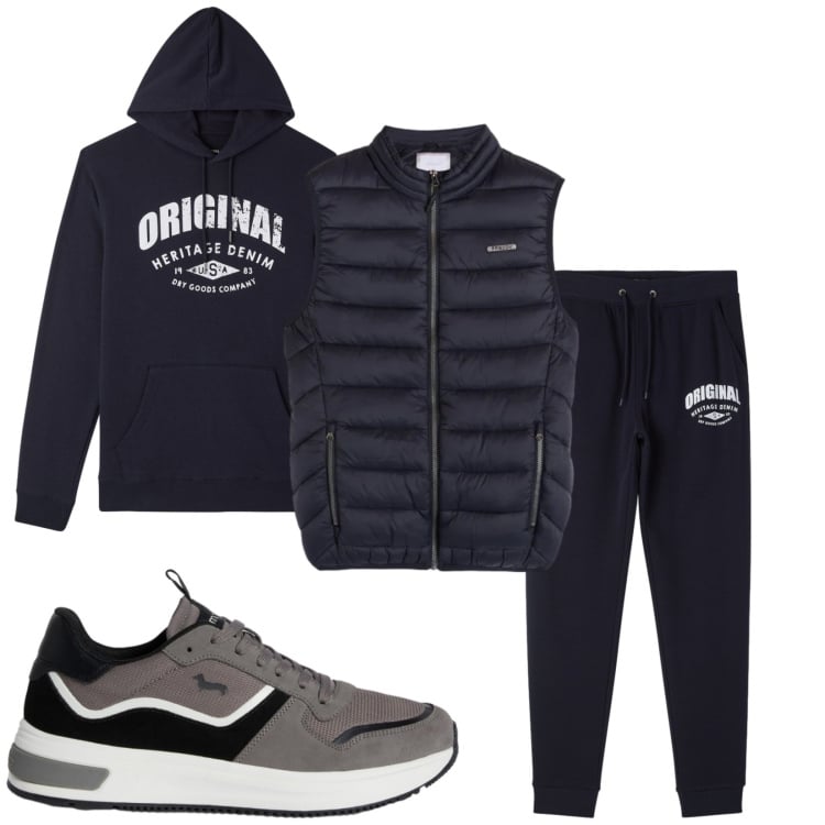 Outfit uomo - Camminata veloce. Stile Casual per Sport. Abbinamento con sneakers, piumini, pantaloni sportivi, felpe sportive.