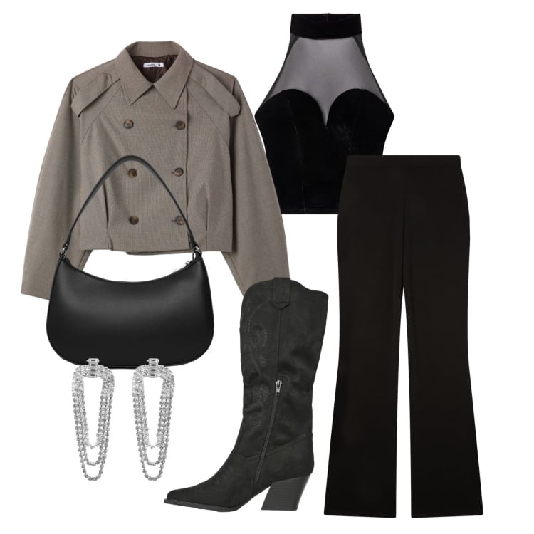 Outfit donna - Marzo. Stile Glamour per Serata fuori. Abbinamento con orecchini, top, pantaloni, stivali, borse a tracolla, caban.