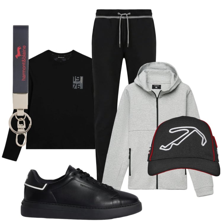 Outfit uomo - Vento e sole. Stile Casual per Sport. Abbinamento con portachiavi, sneakers, pantaloni, t-shirt, cappelli con visiera, felpe con cappuccio.
