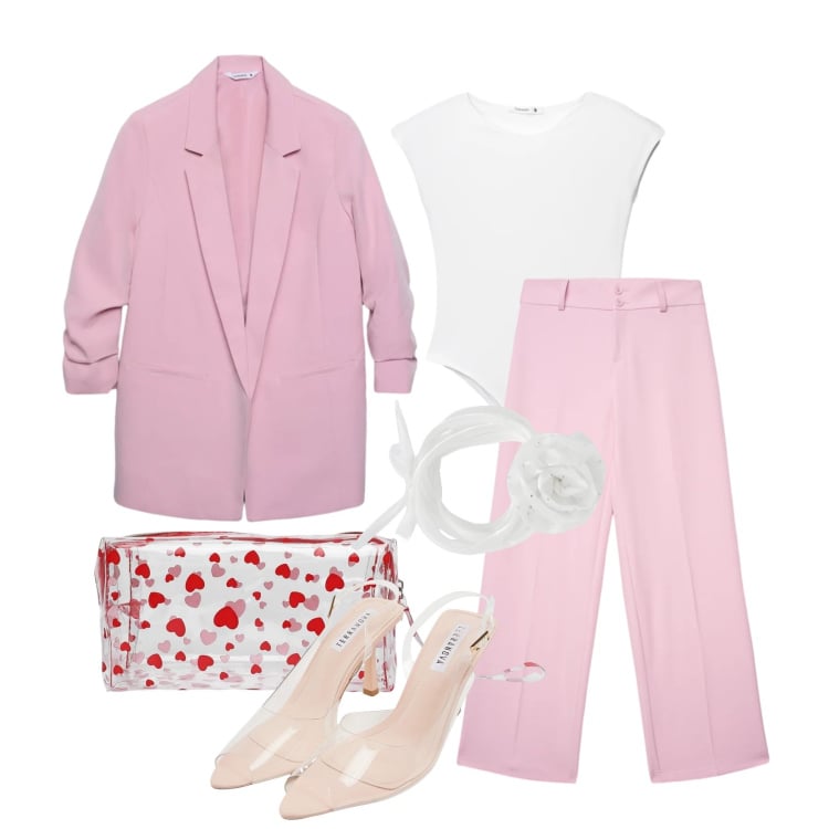 Outfit donna - Marzo. Stile Chic per Cerimonia. Abbinamento con pantaloni, blazer, top, collane, sandali col tacco, valigie.