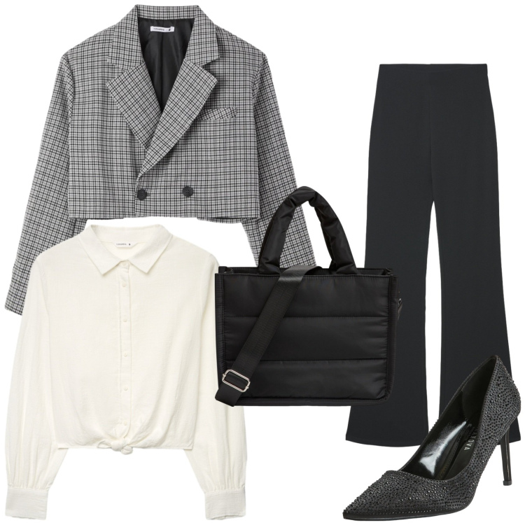 Outfit donna - Un completo da ufficio. Stile Casual chic per Tutti i giorni. Abbinamento con pantaloni, camicie, blazer, shopping bag, décolleté.