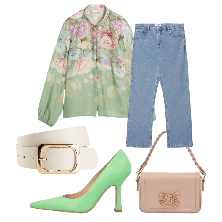Outfit donna - Profumo di fiori. Stile Casual chic per Tutti i giorni. look ideale per Petite. Abbinamento con décolleté, cinture, bluse, jeans dritti, pochette.