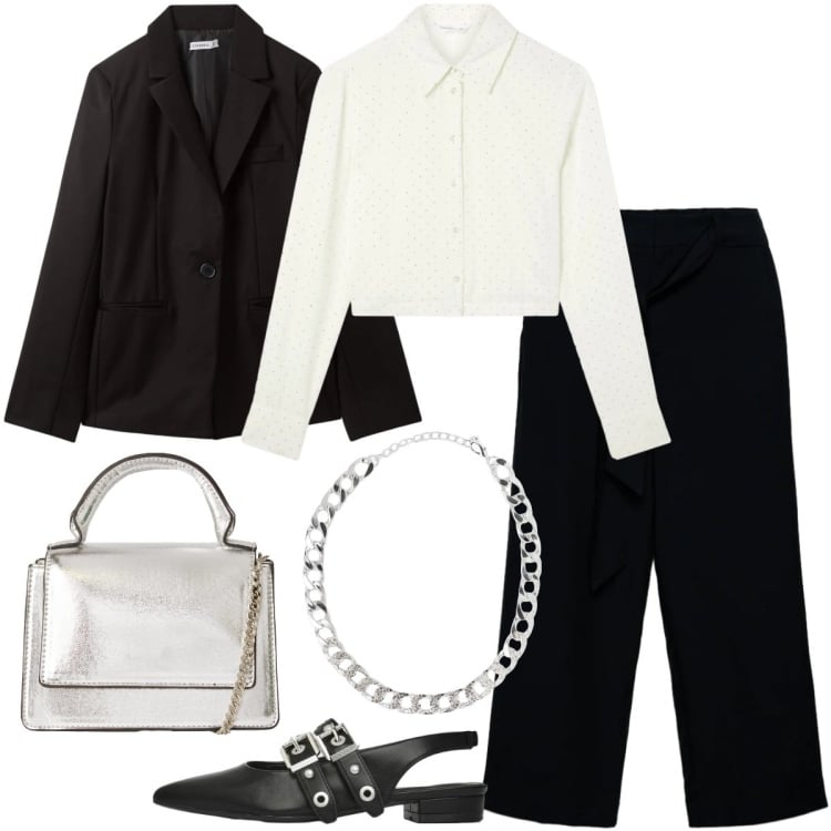 Outfit donna - Terranova Glam Events: il completo. Stile Glamour per Serata fuori. Abbinamento con collane, blazer, borse a tracolla, camicie, ballerine, pantaloni a palazzo.