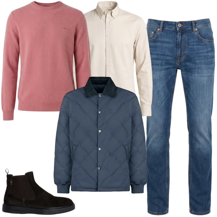 Outfit uomo - Outfit Pink & Quilted. Stile Trendy per Tutti i giorni. Abbinamento con camicie, jeans, pullovers, stivali e stivaletti, giacche.