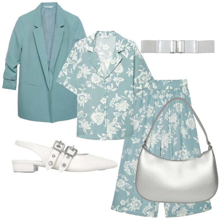 Outfit donna - Divisa glam. Stile Casual chic per Ufficio. Abbinamento con cinture, ballerine, blazer, borse a tracolla, pantaloni a palazzo, camicie a manica corta.