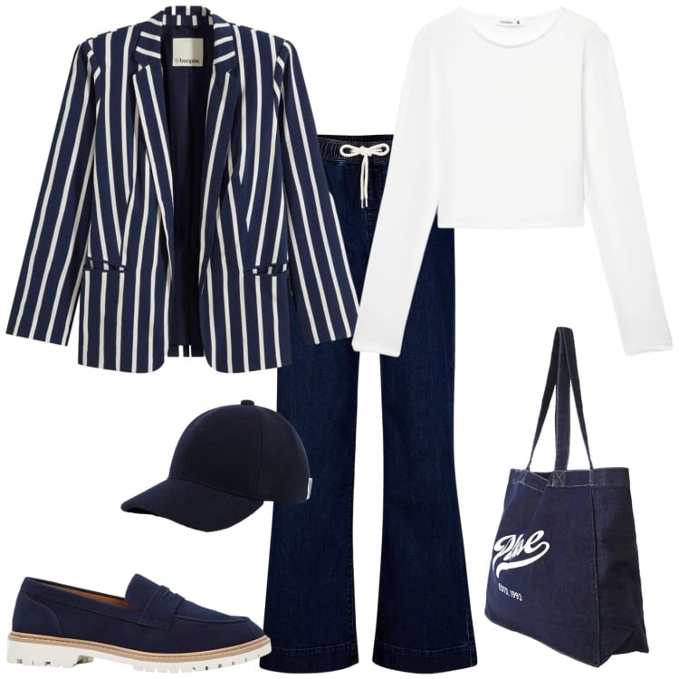 Outfit donna - Trendy ufficio tempo libero week end. Stile Trendy per Tutti i giorni. Abbinamento con blazer, jeans, mocassini, t-shirt, shopping bag, cappelli con visiera.