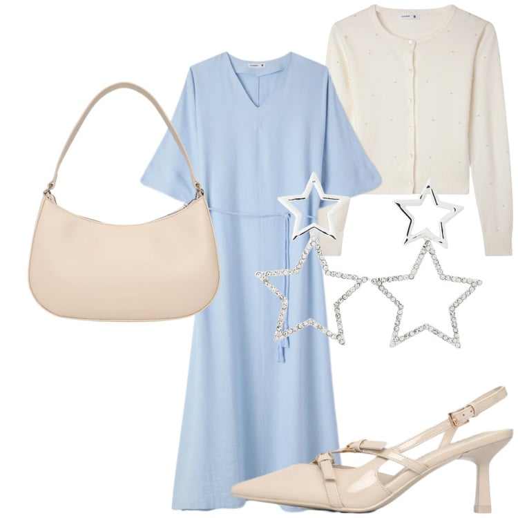 Outfit donna - Leggerezza. Stile Romantica per Ufficio. Abbinamento con vestiti lunghi, orecchini, cardigans, décolleté, borse a tracolla.