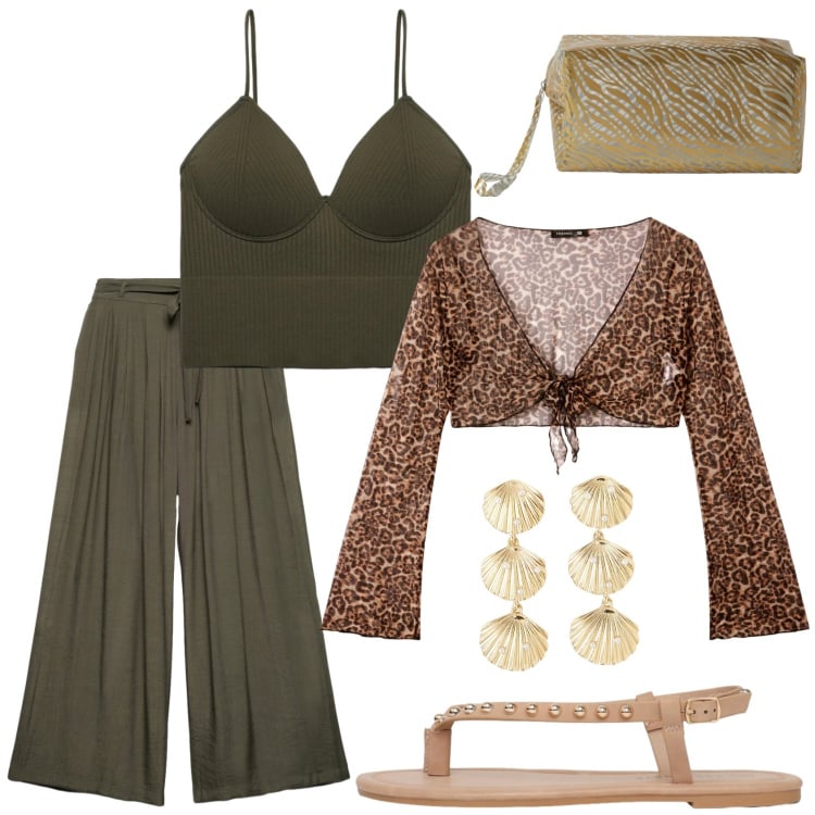 Outfit donna - Total look Terranova. Stile Trendy per Serata fuori. Abbinamento con pochette, orecchini, bolero, top, ciabatte, pantaloni.