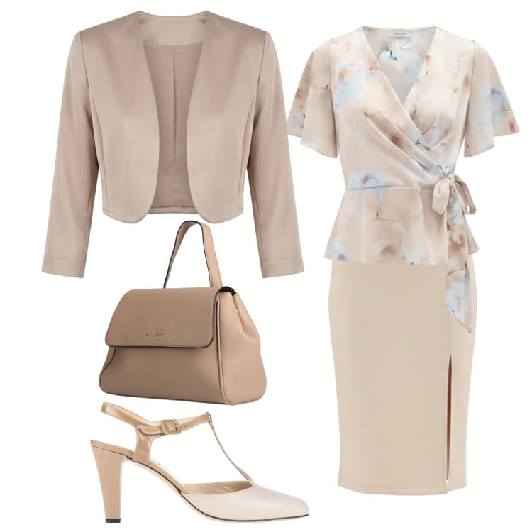 Outfit donna - Delicata ma decisa. Stile Bon Ton per Ufficio. Abbinamento con zaini, décolleté, bolero, bluse, gonne longuette.