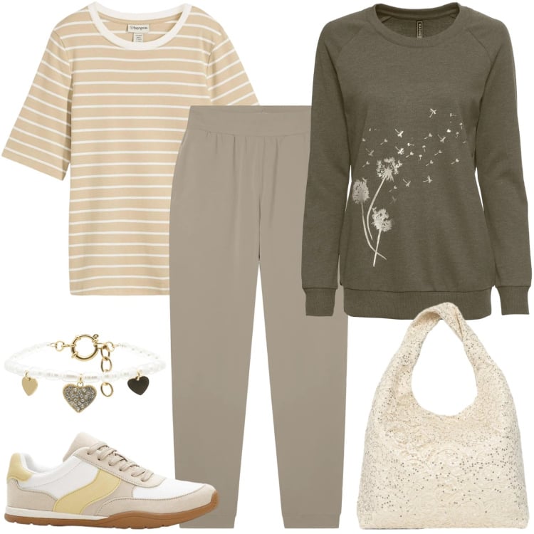 Outfit donna - Total look #2369428. Stile Basic per Tutti i giorni. Abbinamento con felpe, t-shirt, sneakers, borse a spalla, pantaloni, braccialetti.