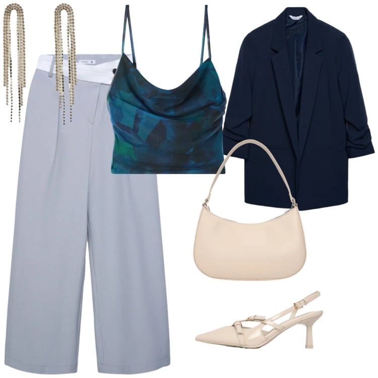 Outfit donna - Terranova eventi. per Cerimonia. Abbinamento con pantaloni, canottiere, décolleté, blazer, borse a tracolla, orecchini.