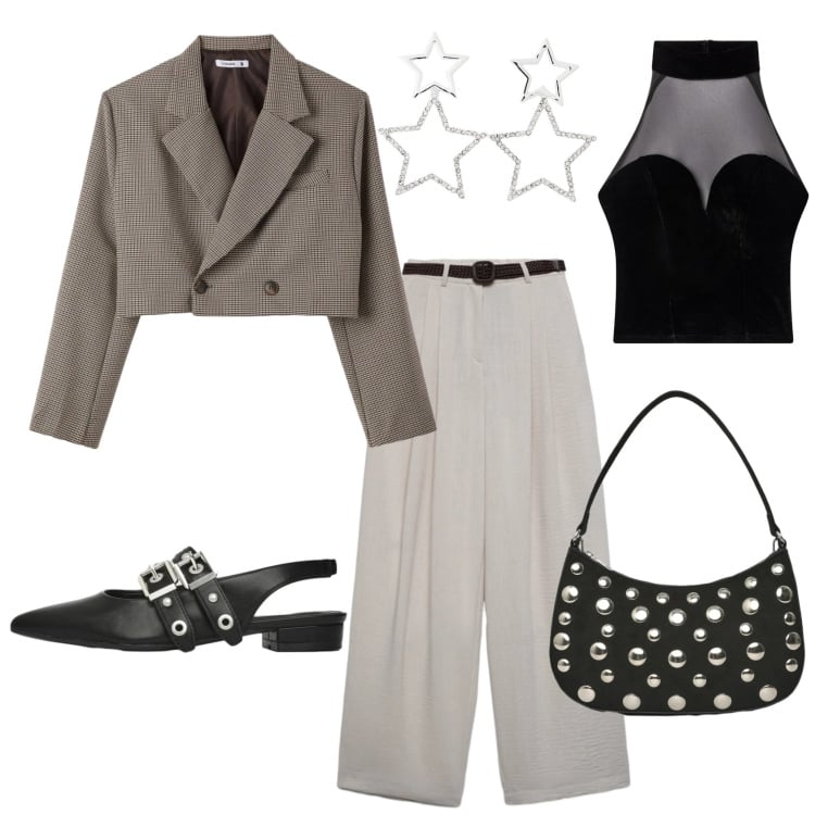 Outfit donna - Total look #2369437. Stile Casual chic per Serata fuori. Abbinamento con orecchini, top, ballerine, borse a tracolla, blazer, pantaloni.