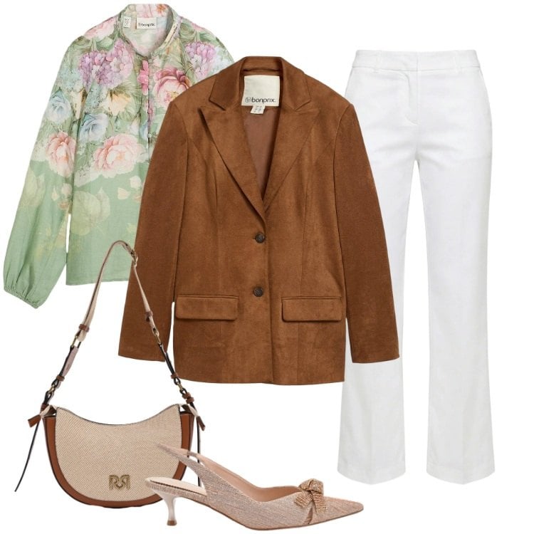 Outfit donna - Total look #2369607. Stile Boho per Cerimonia. Abbinamento con blazer, bluse, pantaloni, borse a tracolla, décolleté.