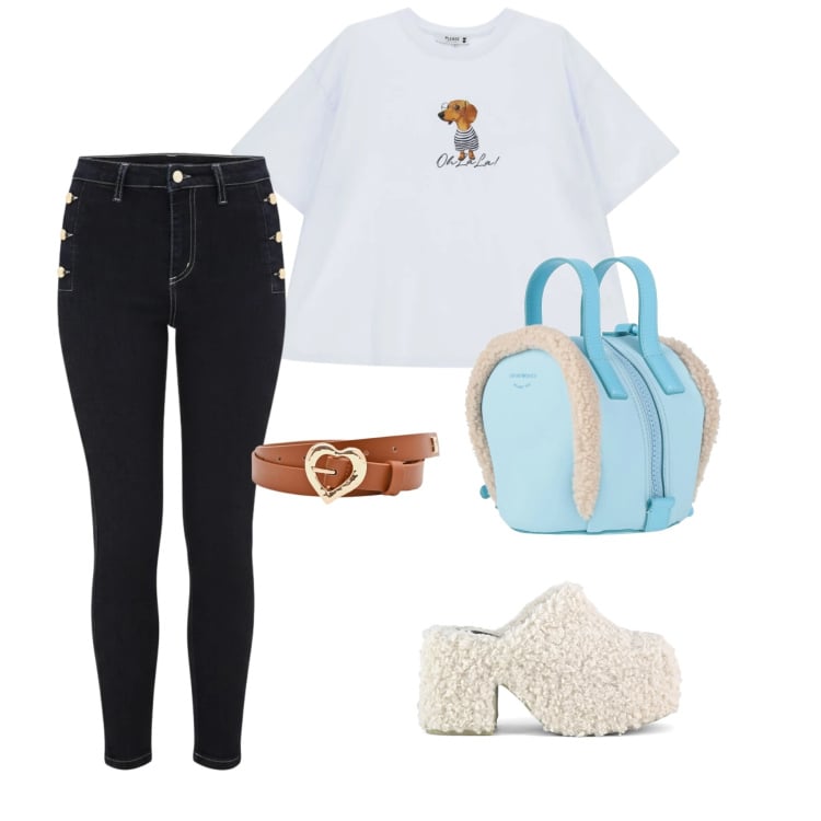 Outfit donna - Simpaticamente trendy. Stile Trendy per Tutti i giorni. Abbinamento con zaini, t-shirt, cinture, jeans skinny, sabot.