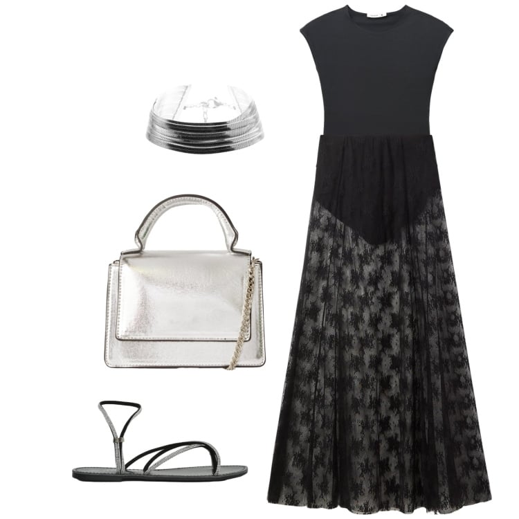 Outfit donna - Black out - armocromia inverno. Stile Glamour per Serata fuori. Abbinamento con gonne lunghe, borse a tracolla, sandali, top, braccialetti.