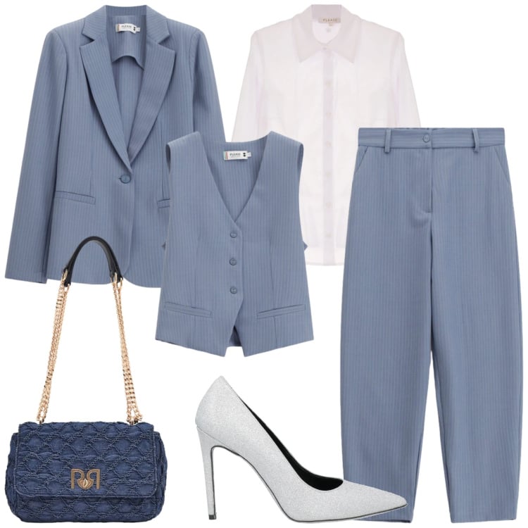 Outfit donna - In ufficio. Stile Glamour per Ufficio. Abbinamento con décolleté, pantaloni, blazer, camicie, gilet, borse a spalla.
