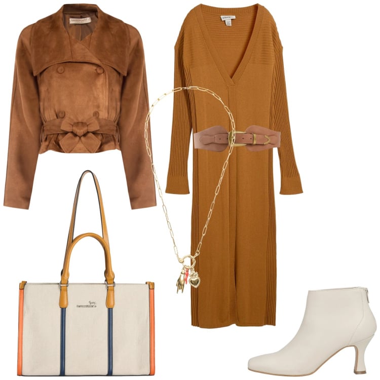 Outfit donna - Caramello e beige. Stile Casual per Tutti i giorni. Abbinamento con stivaletti, vestiti, cinture, borse tote, giacche, ciondoli.