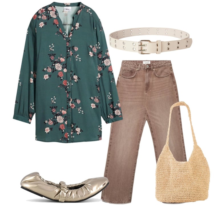 Outfit donna - Fiori di stagione. Stile Romantica per Tutti i giorni. Abbinamento con shopping bag, camicie, cinture, jeans dritti, ballerine.