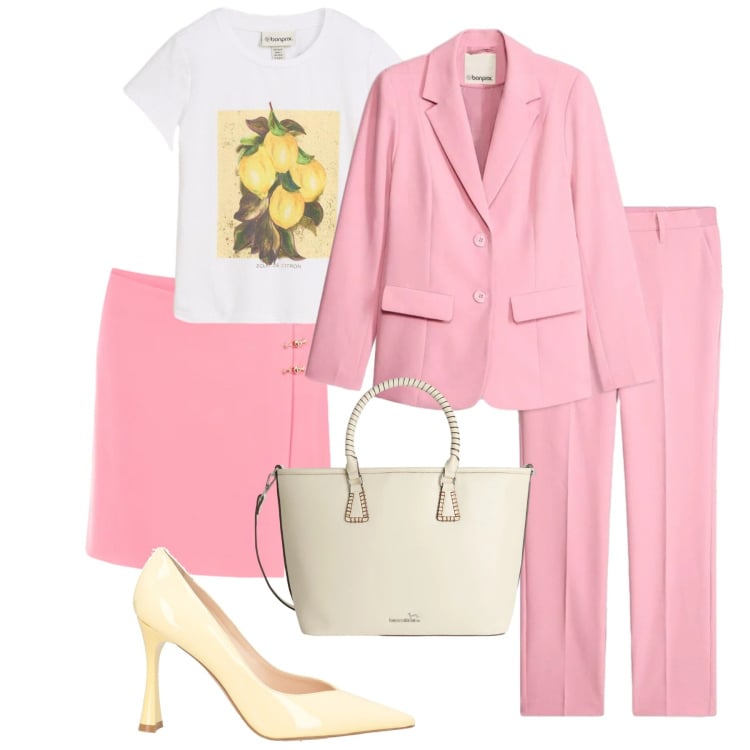 Outfit donna - Gonna o pantaloni?. Stile Bon Ton per Tutti i giorni. Abbinamento con décolleté, giacche, t-shirt, shopping bag, minigonne.